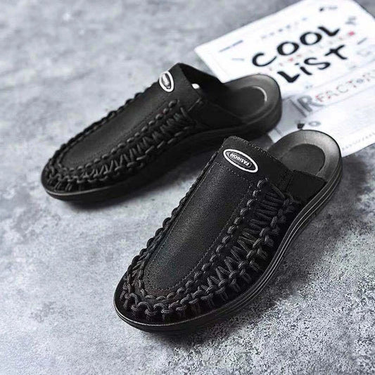 Fashionable men's woven sandals and slippers in blue and black colours, featuring a sophisticated design and durable rubber sole for comfort.