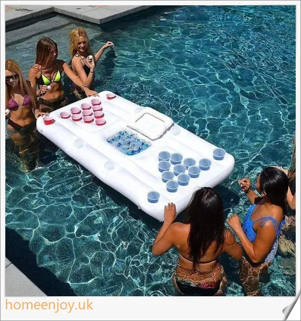 Inflatable 28 cup holder beer pong table with cooler compartment, ideal for outdoor parties and pool gatherings