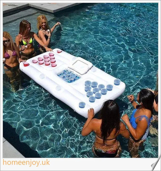 Inflatable 28 cup holder beer pong table with cooler compartment, ideal for outdoor parties and pool gatherings