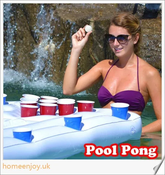 Inflatable 28 cup holder beer pong table with cooler compartment, ideal for outdoor parties and pool gatherings