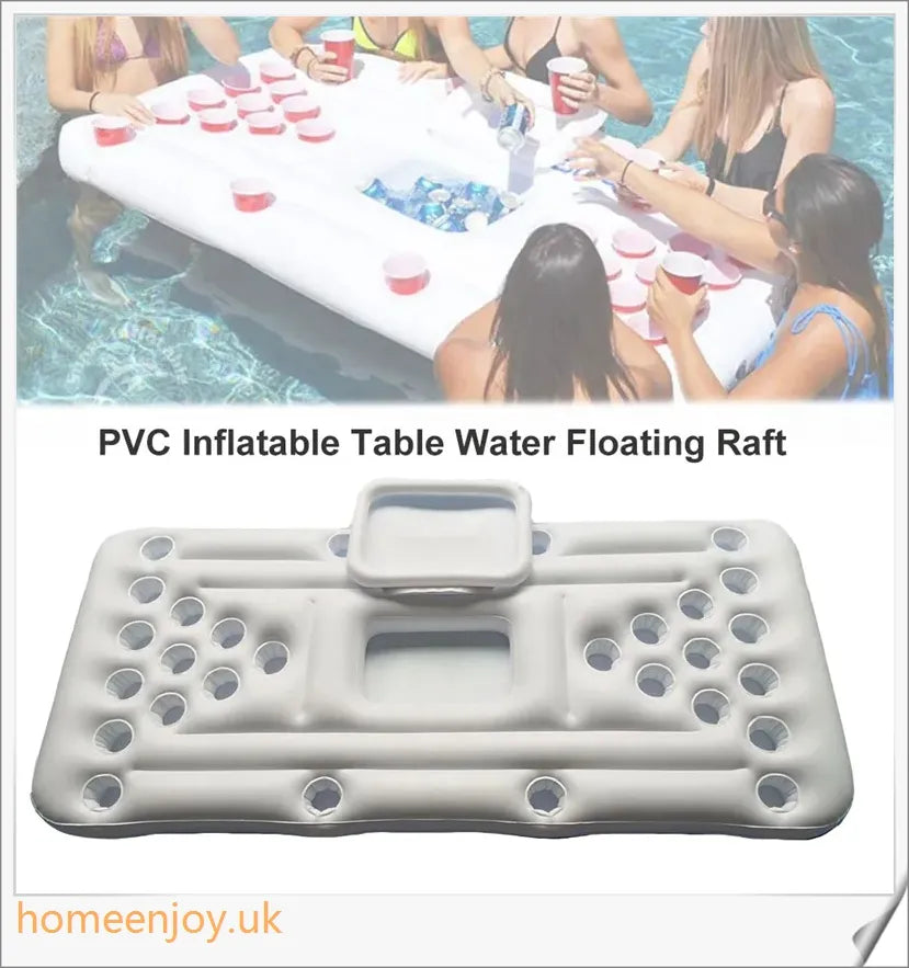 Inflatable 28 cup holder beer pong table with cooler compartment, ideal for outdoor parties and pool gatherings