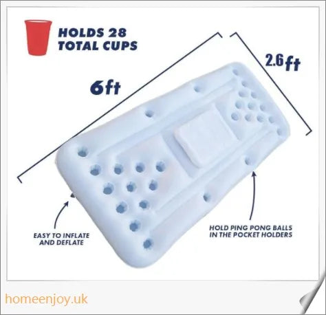 Inflatable 28 cup holder beer pong table with cooler compartment, ideal for outdoor parties and pool gatherings