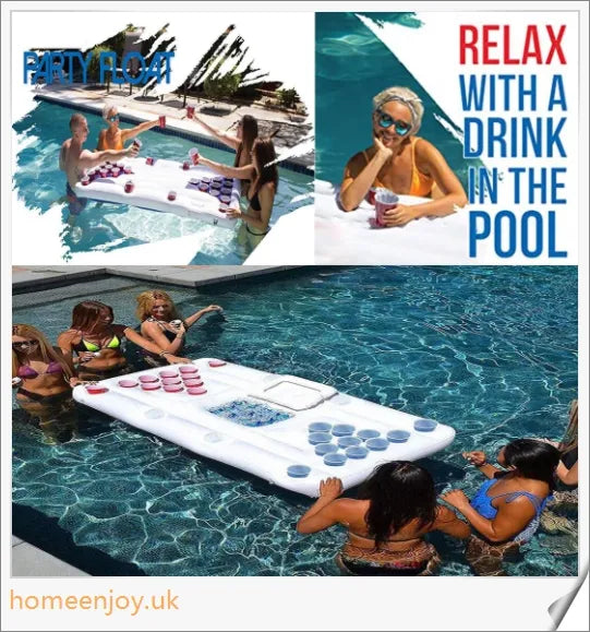 Inflatable 28 cup holder beer pong table with cooler compartment, ideal for outdoor parties and pool gatherings