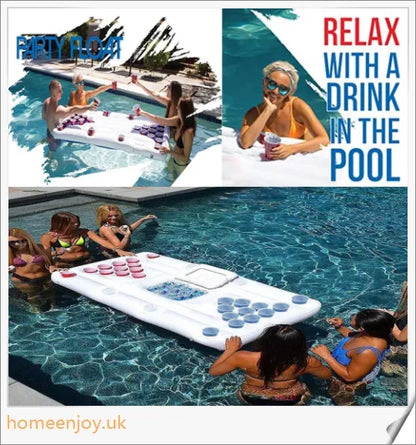 Inflatable 28 cup holder beer pong table with cooler compartment, ideal for outdoor parties and pool gatherings