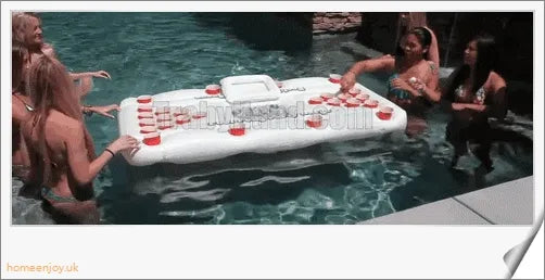 Inflatable 28 cup holder beer pong table with cooler compartment, ideal for outdoor parties and pool gatherings