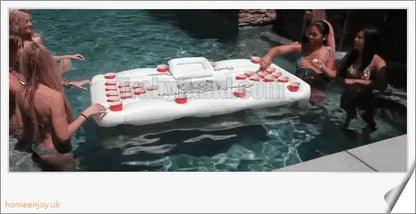 Inflatable 28 cup holder beer pong table with cooler compartment, ideal for outdoor parties and pool gatherings