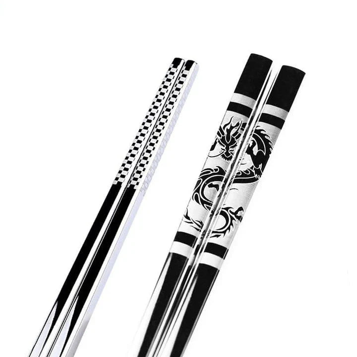 Portable stainless steel sushi chopsticks in various colours, including black, silver, gold, and rose gold