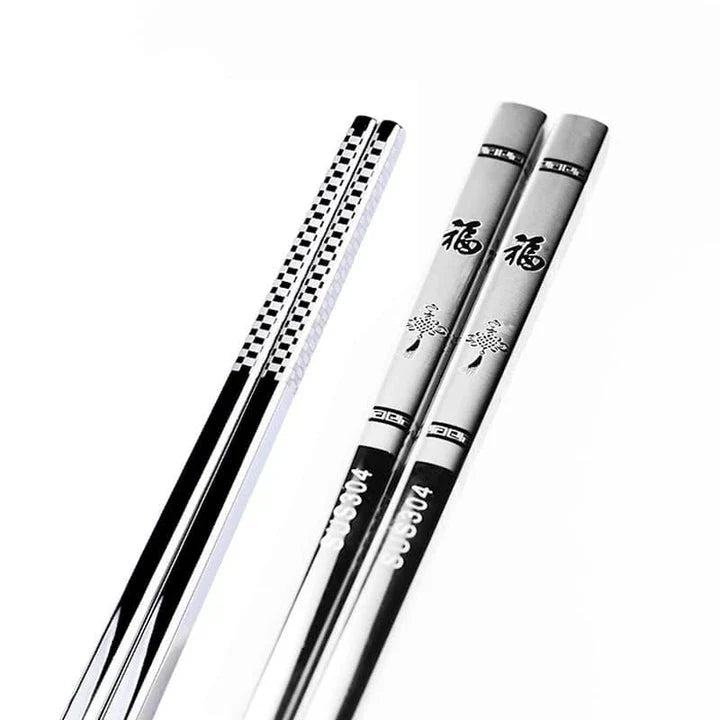 Portable stainless steel sushi chopsticks in various colours, including black, silver, gold, and rose gold