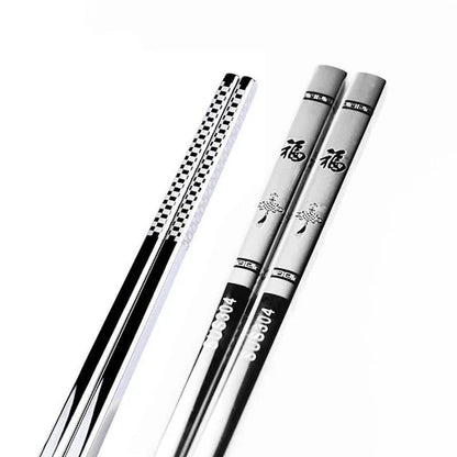 Portable stainless steel sushi chopsticks in various colours, including black, silver, gold, and rose gold