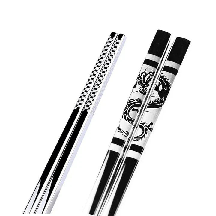 Portable stainless steel sushi chopsticks in various colours, including black, silver, gold, and rose gold