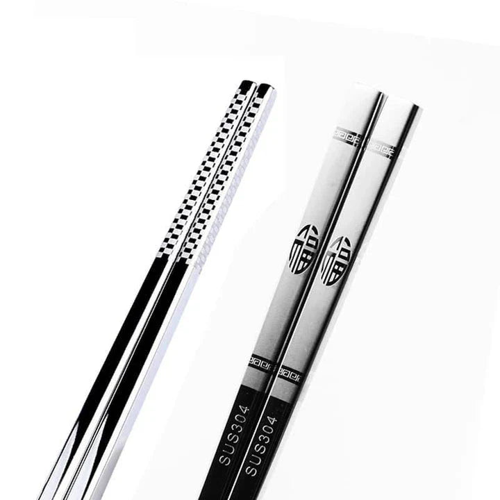 Portable stainless steel sushi chopsticks in various colours, including black, silver, gold, and rose gold