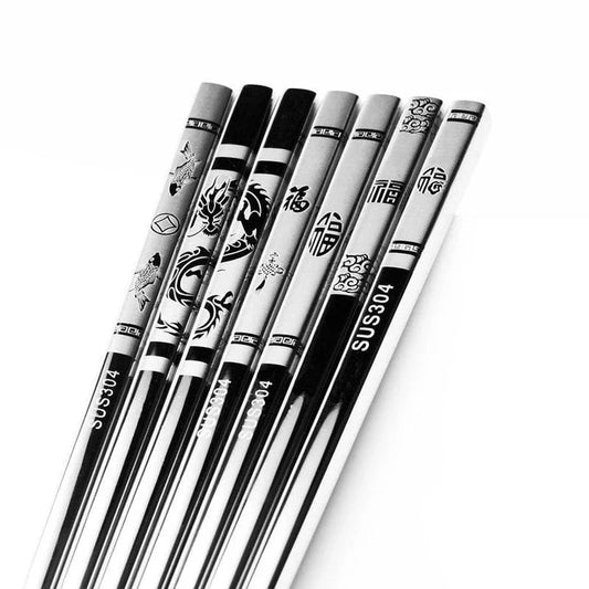 Portable stainless steel sushi chopsticks in various colours, including black, silver, gold, and rose gold