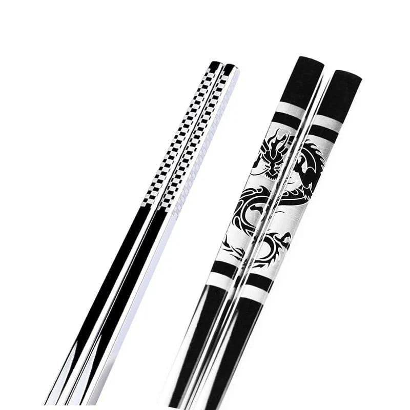 Portable stainless steel sushi chopsticks in various colours, including black, silver, gold, and rose gold
