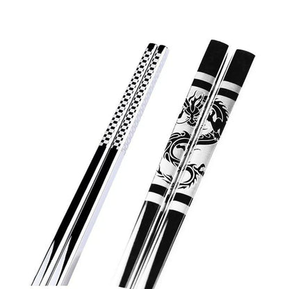 Portable stainless steel sushi chopsticks in various colours, including black, silver, gold, and rose gold