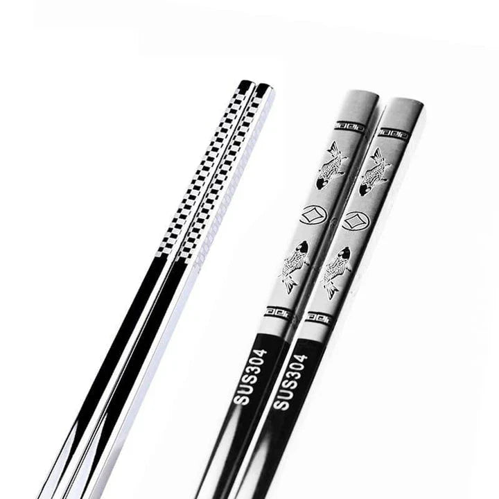Portable stainless steel sushi chopsticks in various colours, including black, silver, gold, and rose gold