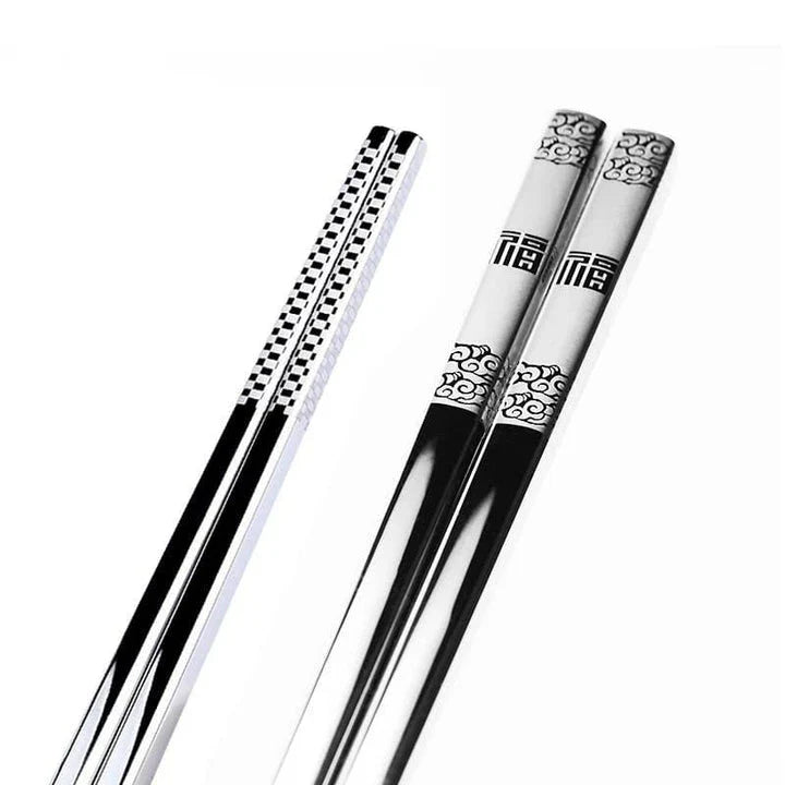 Portable stainless steel sushi chopsticks in various colours, including black, silver, gold, and rose gold