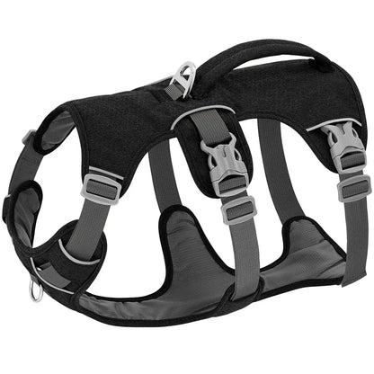 Reflective nylon dog harness with handle for small, medium, and large dogs, featuring adjustable straps and durable construction for comfortable, controlled walks.