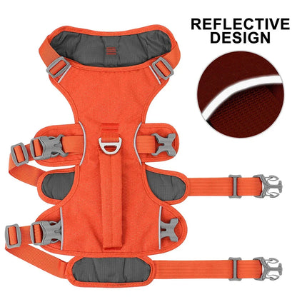 Reflective nylon dog harness with handle for small, medium, and large dogs, featuring adjustable straps and durable construction for comfortable, controlled walks.
