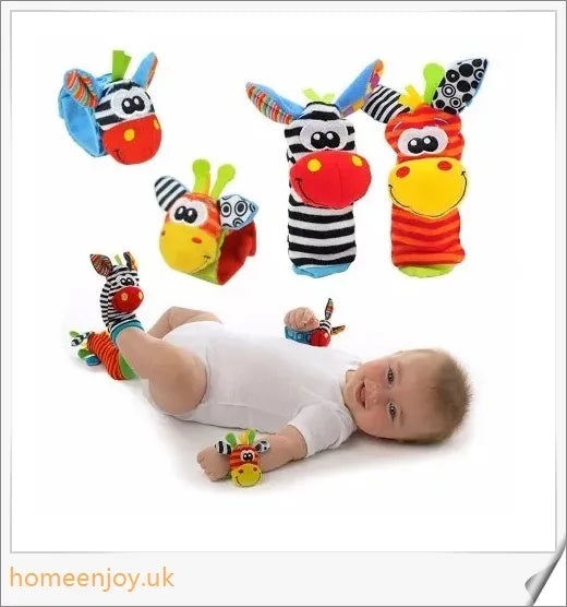 Soft plush animal rattle toy with vibrant colours, jingling bells, and crinkly ears, designed to engage and delight newborn and infant babies.