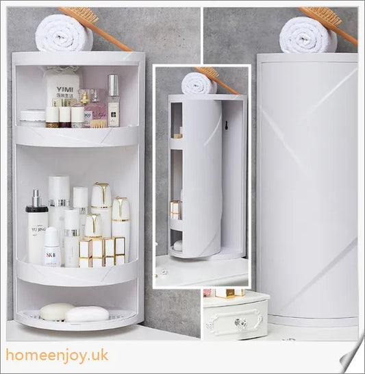 A sleek and versatile bathroom storage rack with a rotatable design, offering 3 tiers of organised storage space.