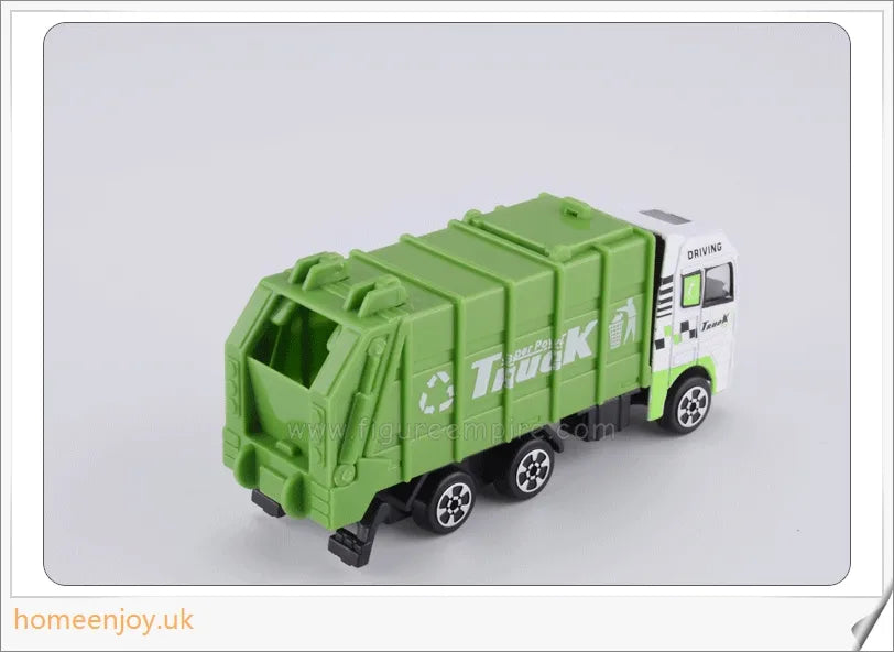 Detailed green garbage truck toy with movable backdoor and trash bin for realistic waste management play
