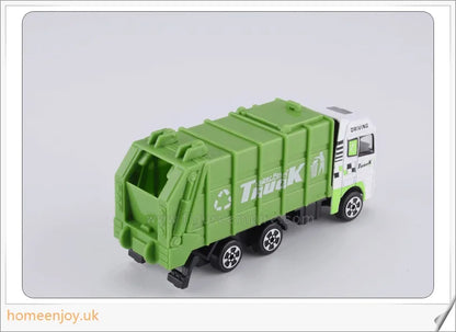Detailed green garbage truck toy with movable backdoor and trash bin for realistic waste management play