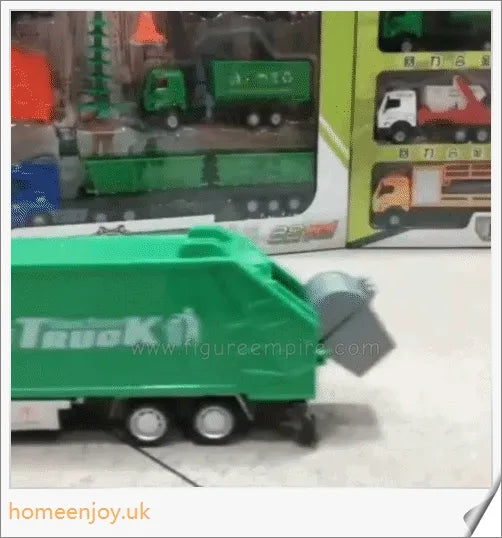Detailed green garbage truck toy with movable backdoor and trash bin for realistic waste management play