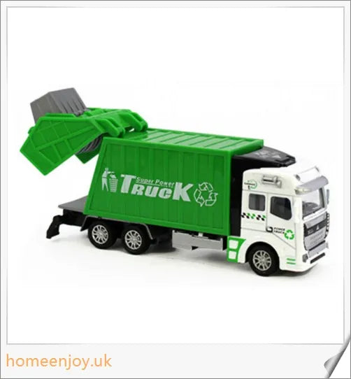 Detailed green garbage truck toy with movable backdoor and trash bin for realistic waste management play