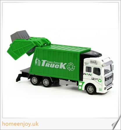 Detailed green garbage truck toy with movable backdoor and trash bin for realistic waste management play