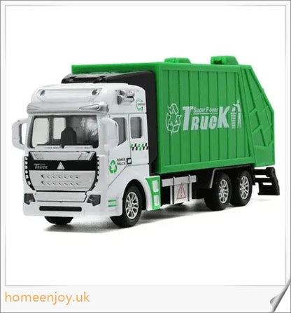 Detailed green garbage truck toy with movable backdoor and trash bin for realistic waste management play
