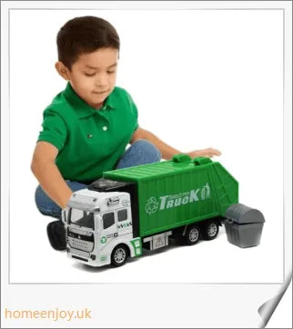 Detailed green garbage truck toy with movable backdoor and trash bin for realistic waste management play