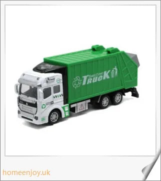 Detailed green garbage truck toy with movable backdoor and trash bin for realistic waste management play