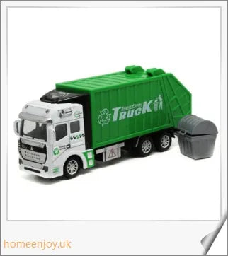 Detailed green garbage truck toy with movable backdoor and trash bin for realistic waste management play