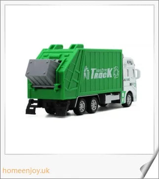 Detailed green garbage truck toy with movable backdoor and trash bin for realistic waste management play