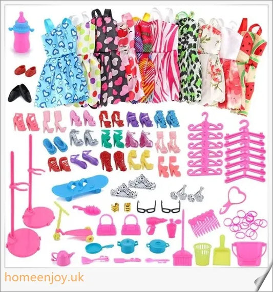 A diverse collection of 85 Barbie doll accessories including colourful dresses, shoes, bags, and jewellery.