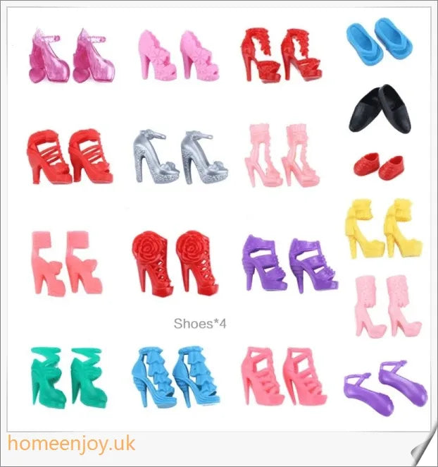 A diverse collection of 85 Barbie doll accessories including colourful dresses, shoes, bags, and jewellery.