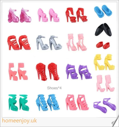 A diverse collection of 85 Barbie doll accessories including colourful dresses, shoes, bags, and jewellery.