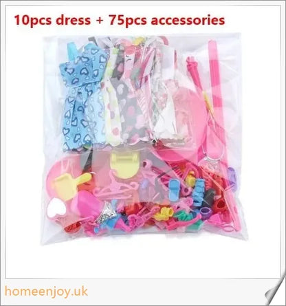 A diverse collection of 85 Barbie doll accessories including colourful dresses, shoes, bags, and jewellery.