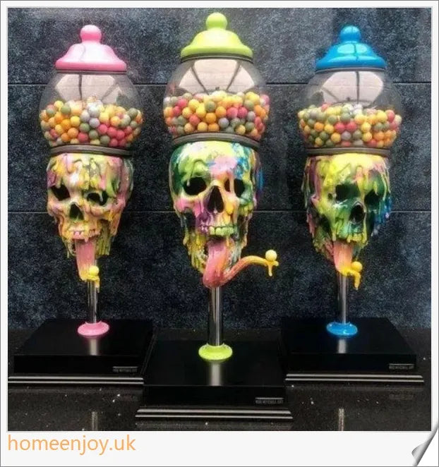 A realistic skull-shaped candy dispenser with a transparent brain-shaped candy box and candy on the tongue, creating a spooky Halloween atmosphere.