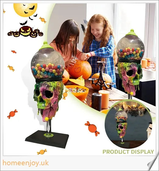 A realistic skull-shaped candy dispenser with a transparent brain-shaped candy box and candy on the tongue, creating a spooky Halloween atmosphere.