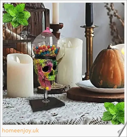 A realistic skull-shaped candy dispenser with a transparent brain-shaped candy box and candy on the tongue, creating a spooky Halloween atmosphere.