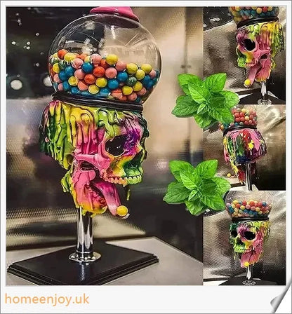 A realistic skull-shaped candy dispenser with a transparent brain-shaped candy box and candy on the tongue, creating a spooky Halloween atmosphere.