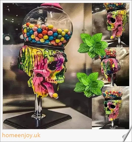A realistic skull-shaped candy dispenser with a transparent brain-shaped candy box and candy on the tongue, creating a spooky Halloween atmosphere.