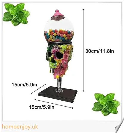 A realistic skull-shaped candy dispenser with a transparent brain-shaped candy box and candy on the tongue, creating a spooky Halloween atmosphere.