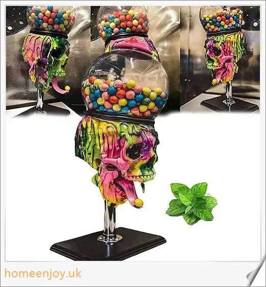 A realistic skull-shaped candy dispenser with a transparent brain-shaped candy box and candy on the tongue, creating a spooky Halloween atmosphere.