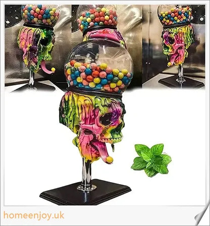 A realistic skull-shaped candy dispenser with a transparent brain-shaped candy box and candy on the tongue, creating a spooky Halloween atmosphere.