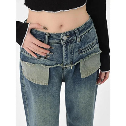 Chic Vintage Distressed High-Waist Straight Leg Women's Jeans in Distressed Blue