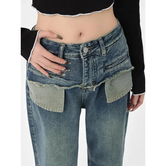 Chic Vintage Distressed High-Waist Straight Leg Women's Jeans in Distressed Blue