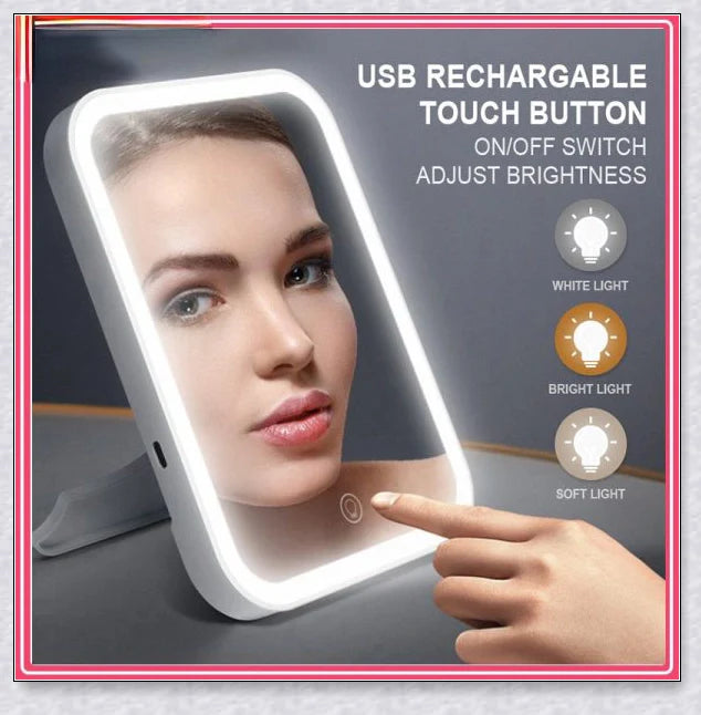 Traby Hand Smart Makeup Mirror with touch screen controls, adjustable brightness, and 45-degree rotation for easy on-the-go beauty touch-ups
