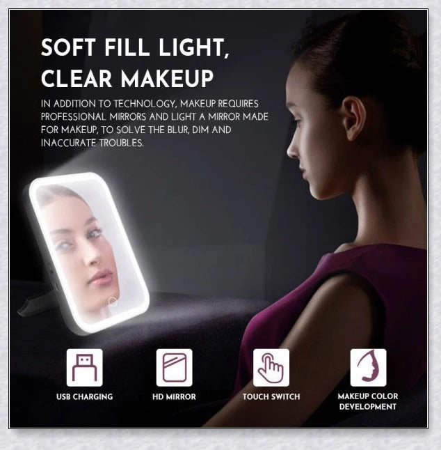 Traby Hand Smart Makeup Mirror with touch screen controls, adjustable brightness, and 45-degree rotation for easy on-the-go beauty touch-ups